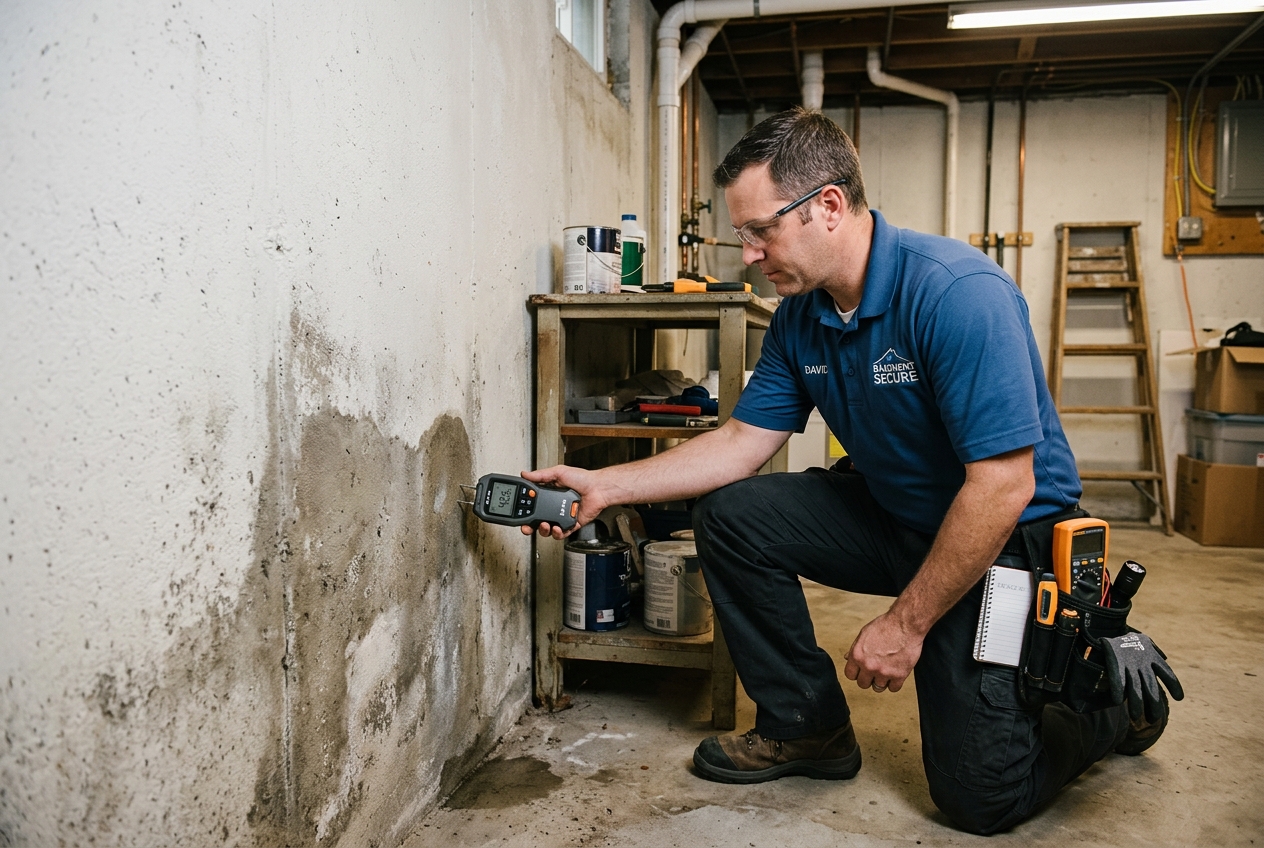 Technician inspecting basement walls with a moisture meter to locate a hidden leak