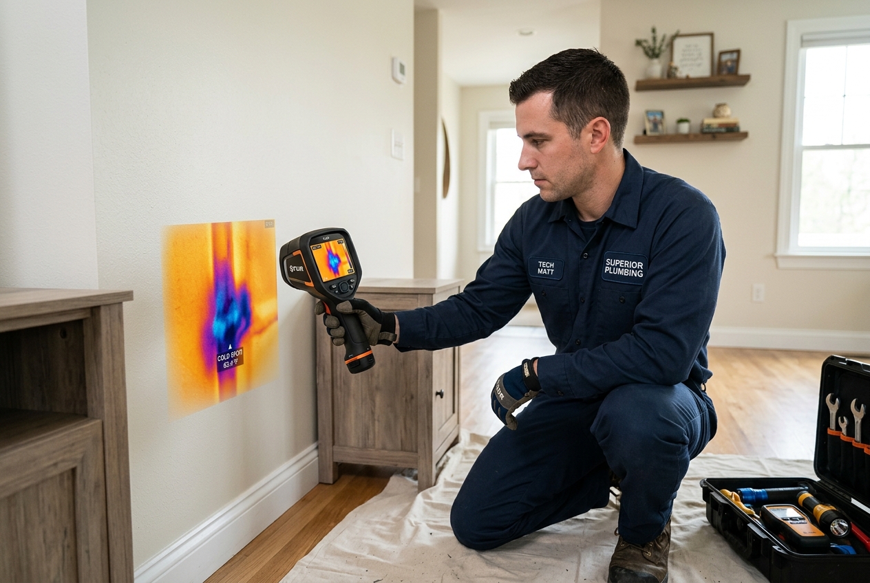 Technician locating a hidden plumbing leak behind a finished wall