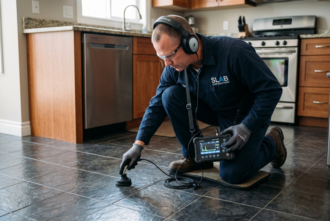 Technician using electronic listening equipment on a hard surface floor to locate a slab leak